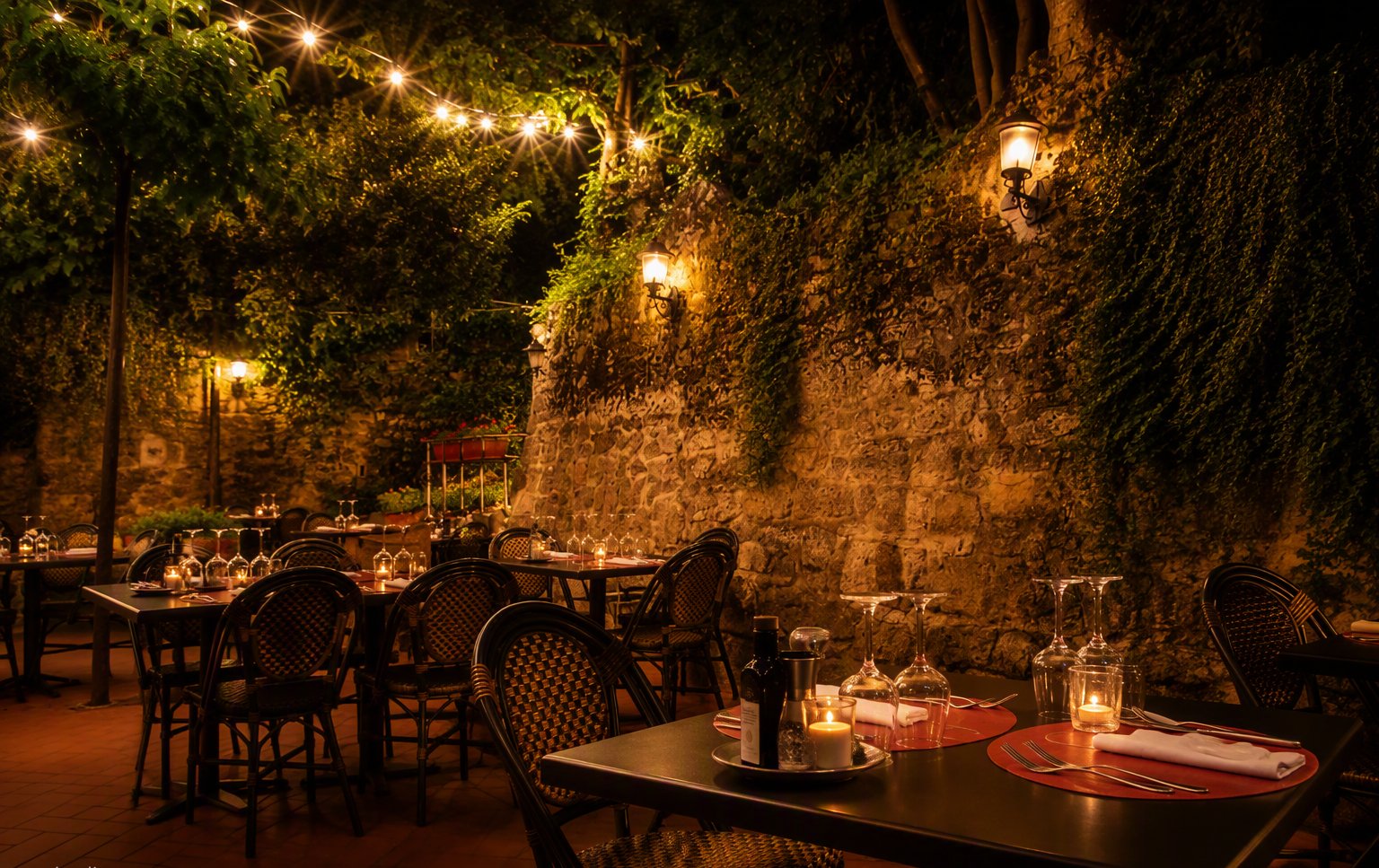Il giardino la sera, con i tavoli tra le mura